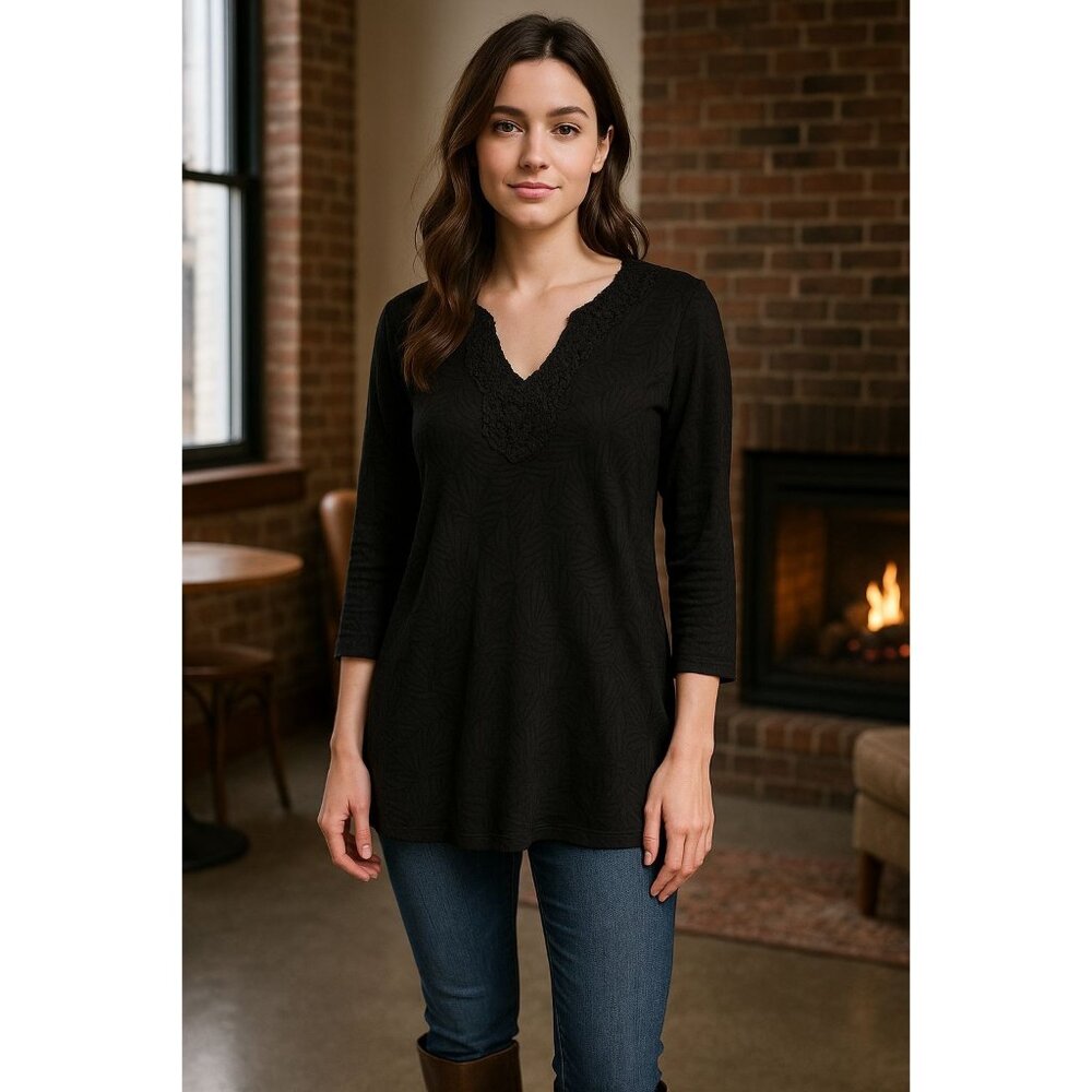 Additions by Chicos Crochet Neckline Blouse Black Size M Boho Tunic Classic Chic